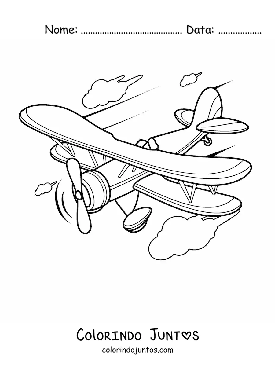Desenho para colorir de um avião voando com nuvens ao fundo