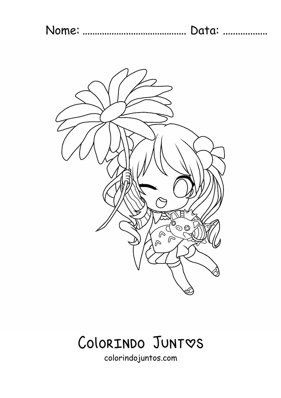 Desenho para colorir de menininha kawaii chibi com uma flor