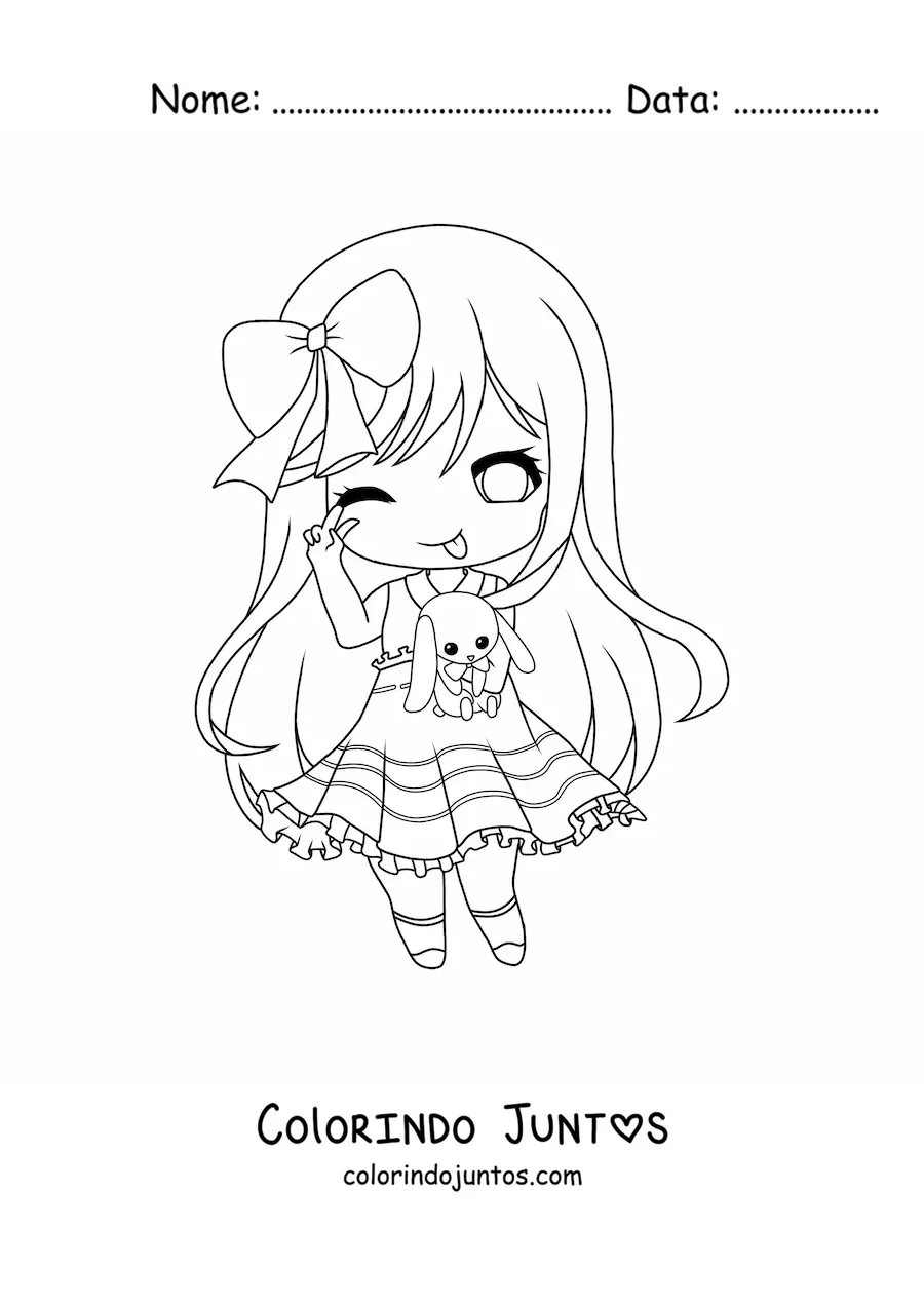 Desenho para colorir de menina kawaii chibi grande com pelúcia de coelho