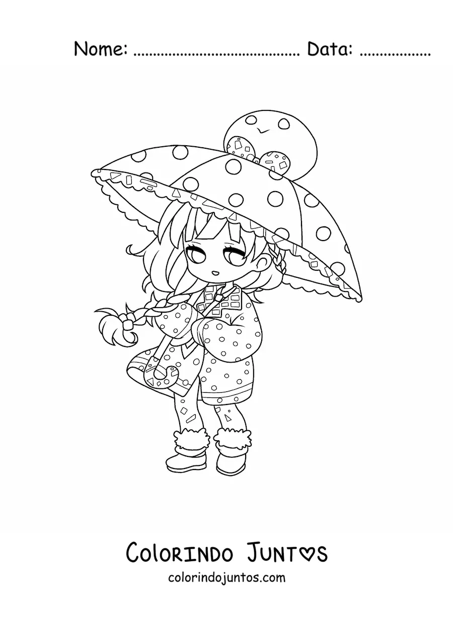 Desenho para colorir de menina kawaii chibi com sombrinha
