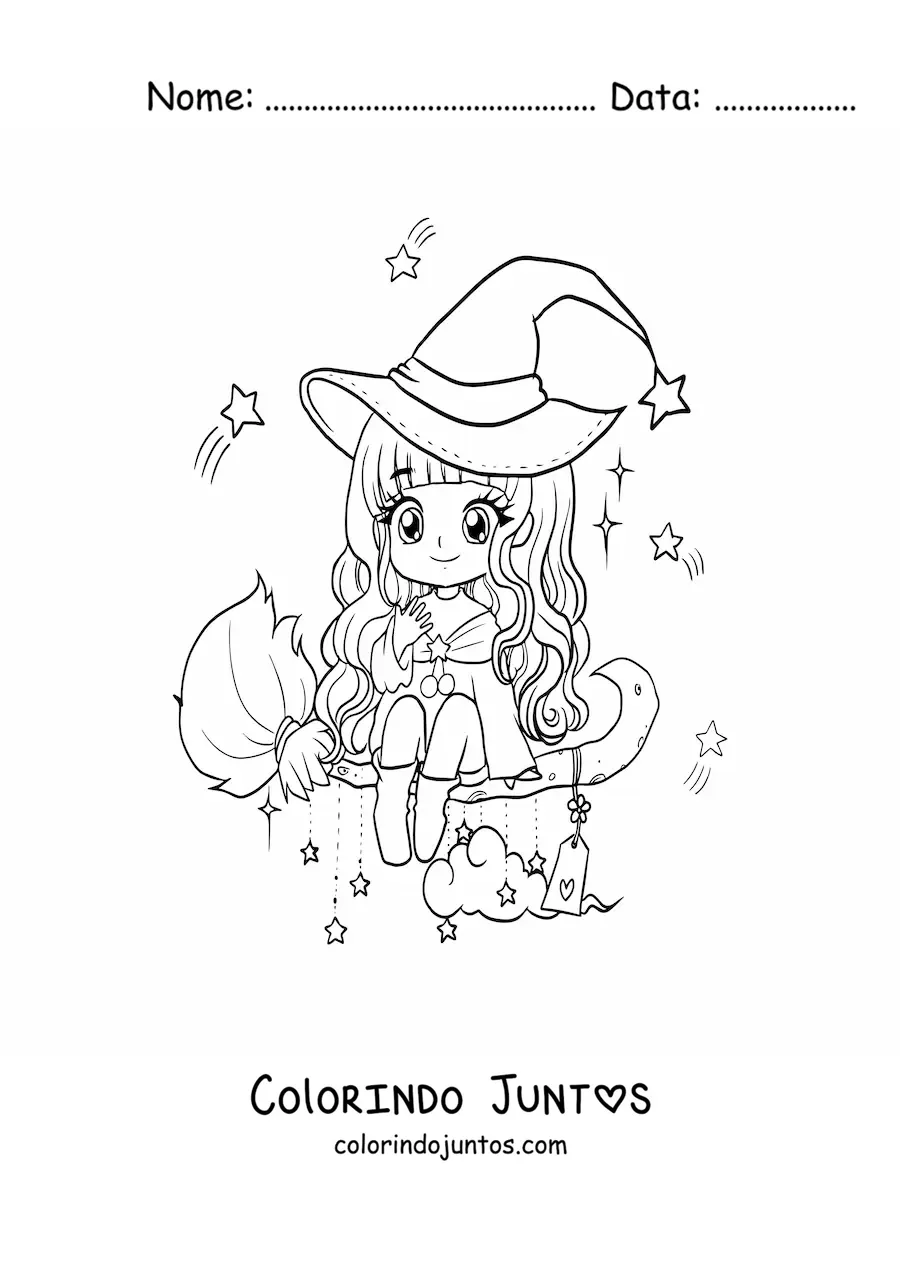 Desenho para colorir de bruxa kawaii chibi voando em sua vassoura