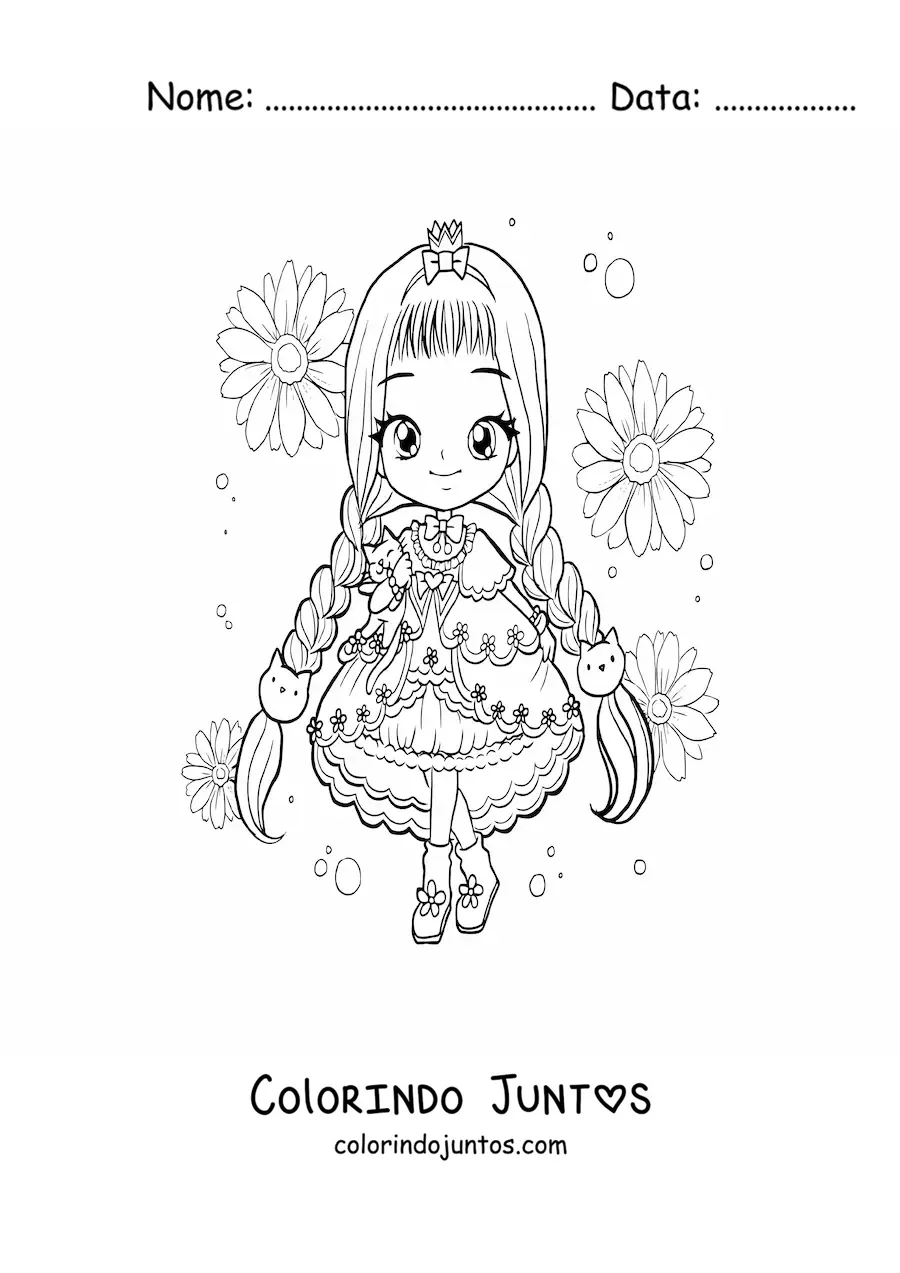 Desenho para colorir de menina kawaii chibi com penteado de tranças