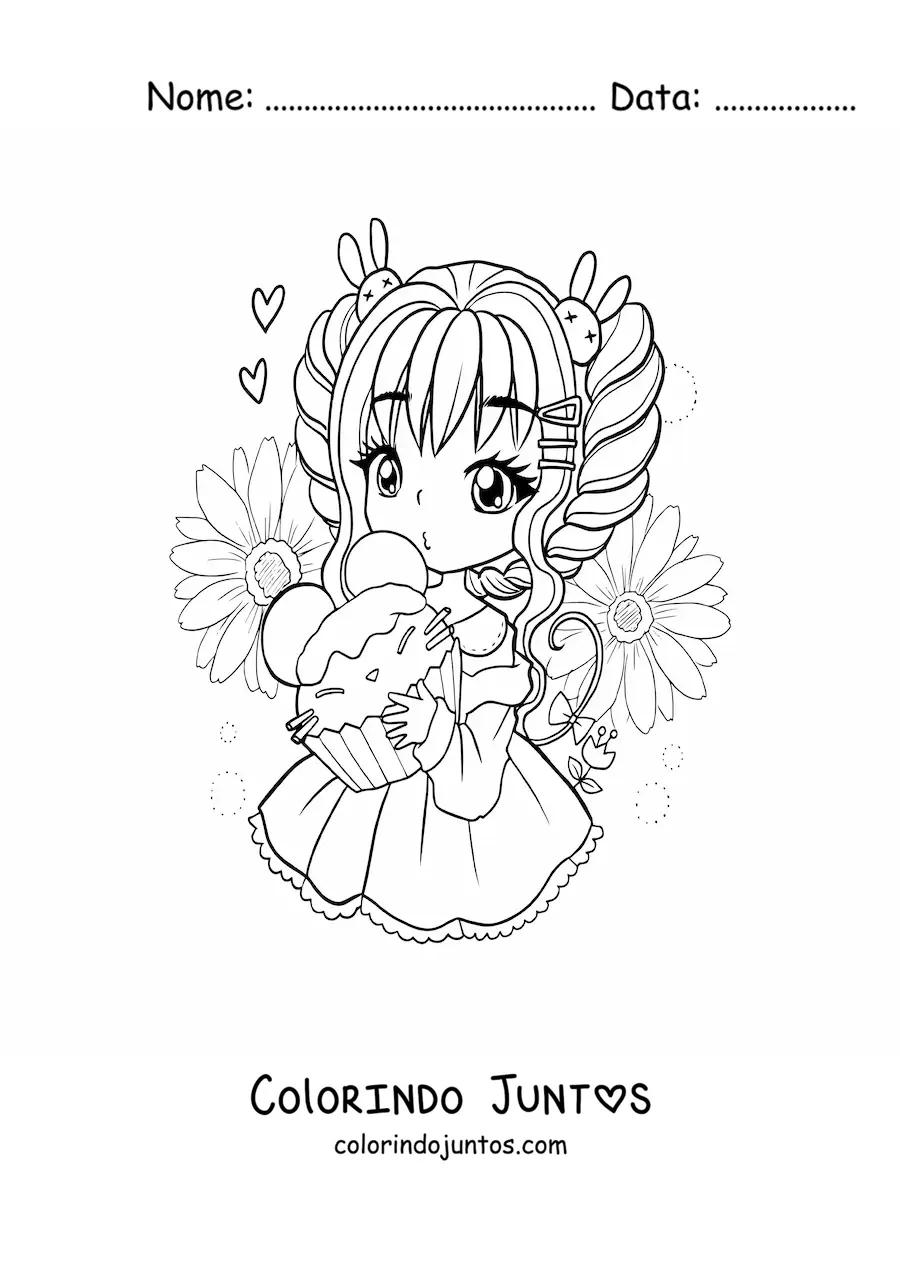 Desenho para colorir de menina kawaii chibi com cupcake