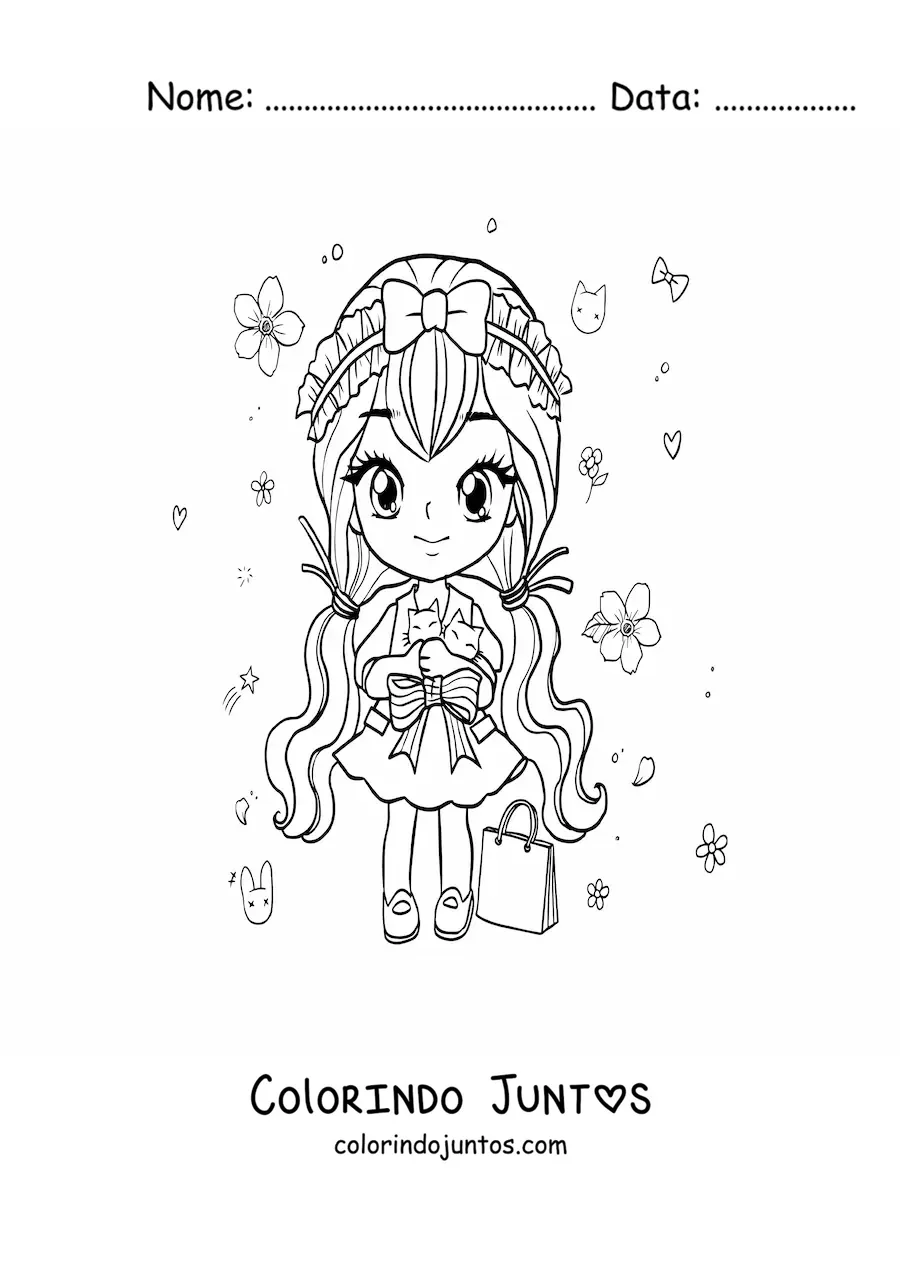 Desenho para colorir de menina anime chibi fazendo compras