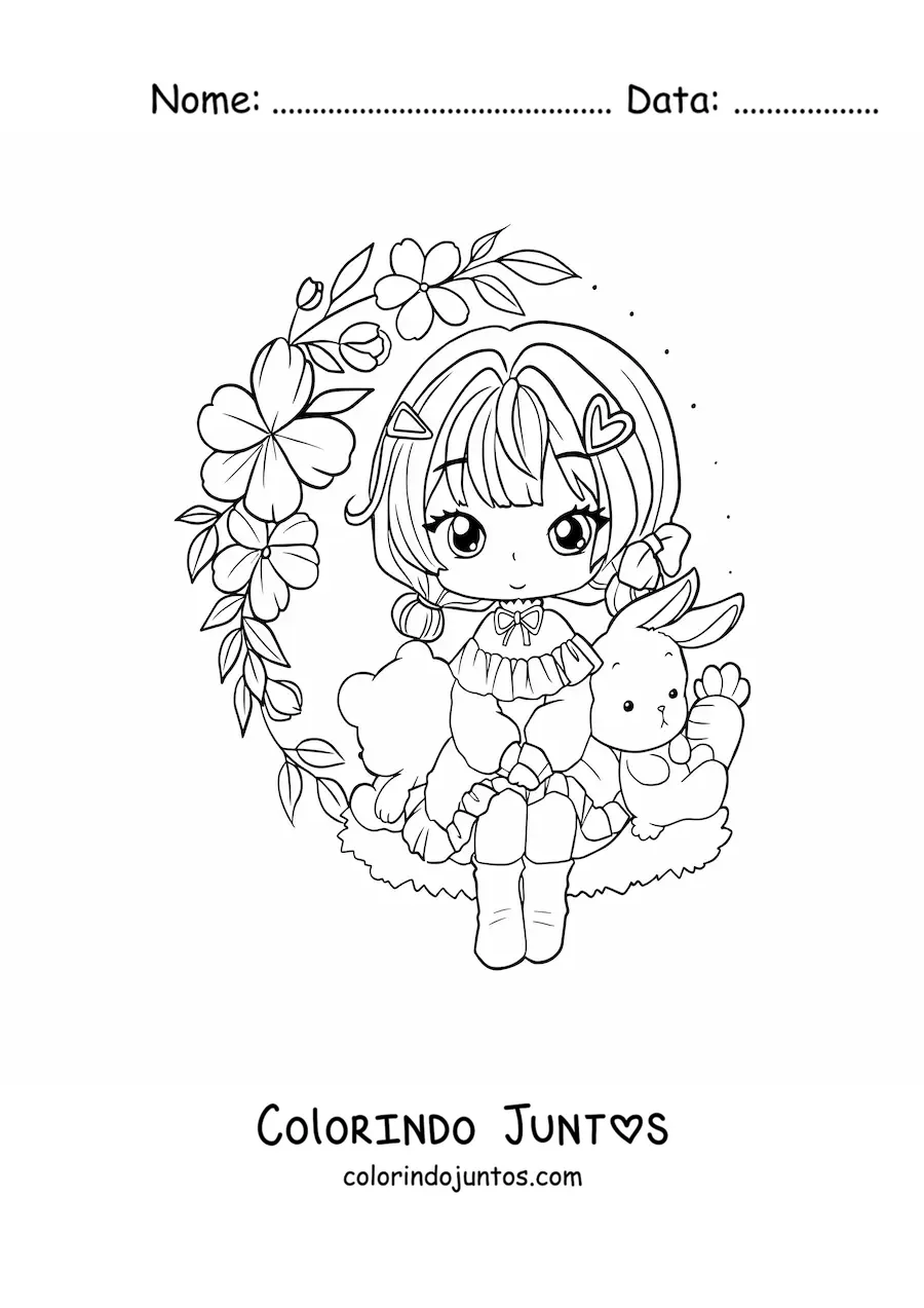 Desenho para colorir de menina anime chibi sentada com flores e um coelho
