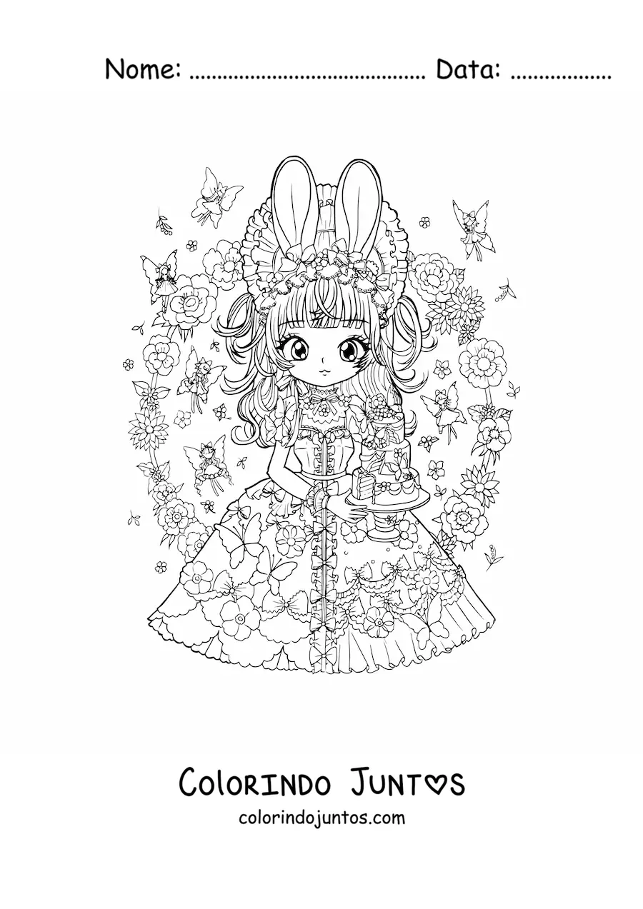 Desenho para colorir de menina anime chibi com orelhas de coelho e um bolo