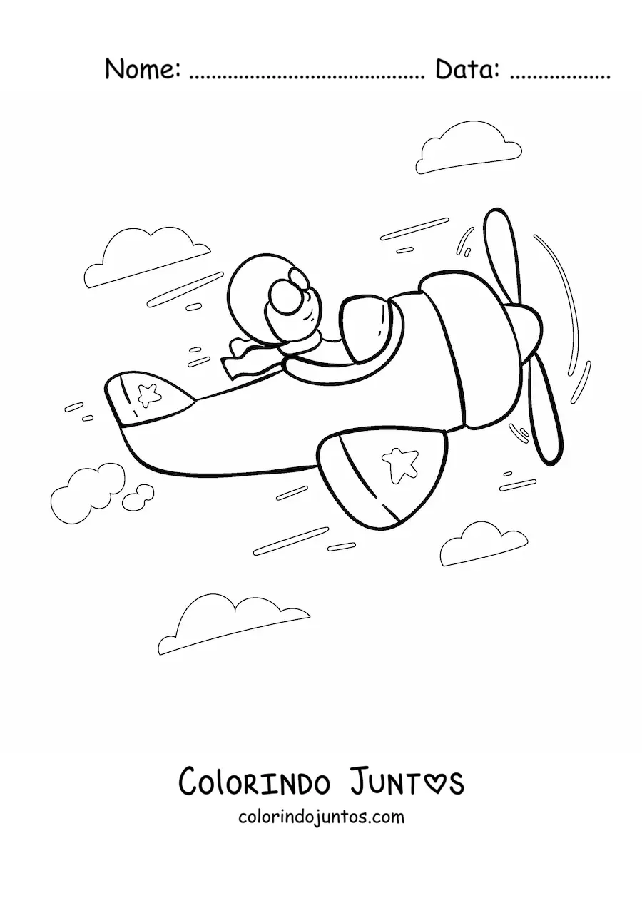 Desenho para colorir de um piloto de avião voando com nuvens ao fundo