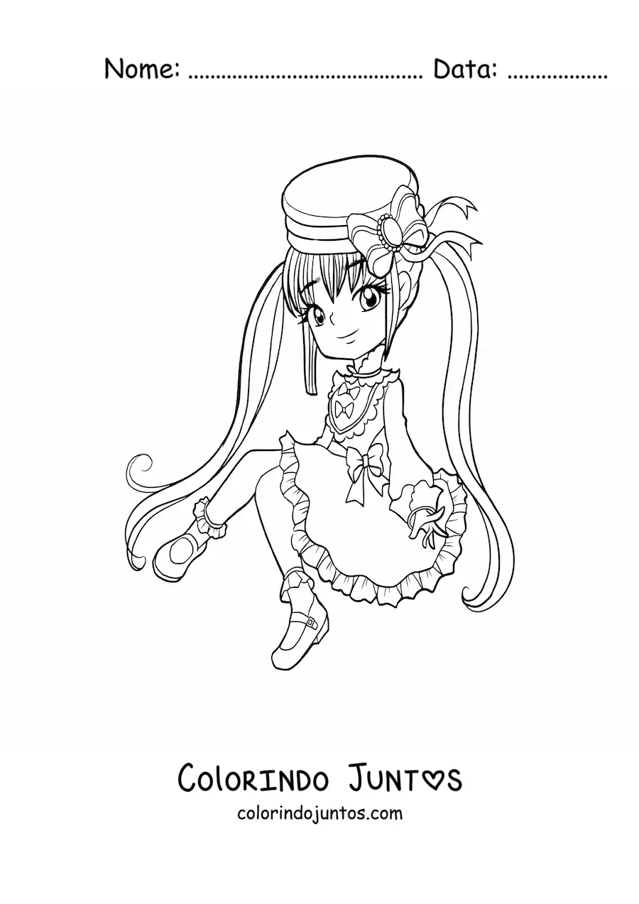 Desenho para colorir de menina anime chibi com chapéu e vestido