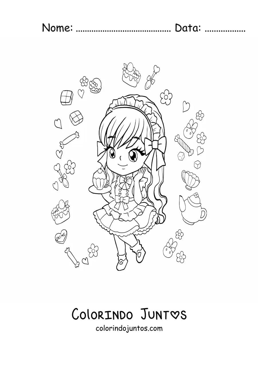 Desenho para colorir de menina anime chibi com um cupcake