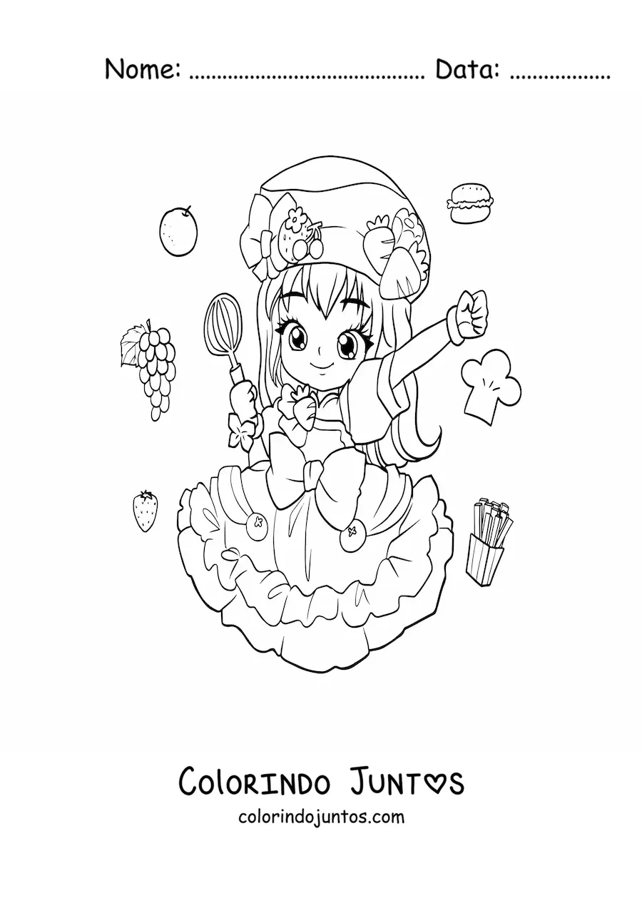 Desenho para colorir de menina anime chibi cozinheira