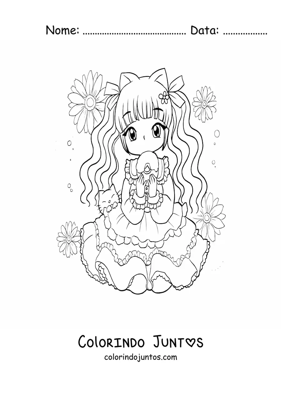 Desenho para colorir de menina anime chibi com um gatinho e um cupcake