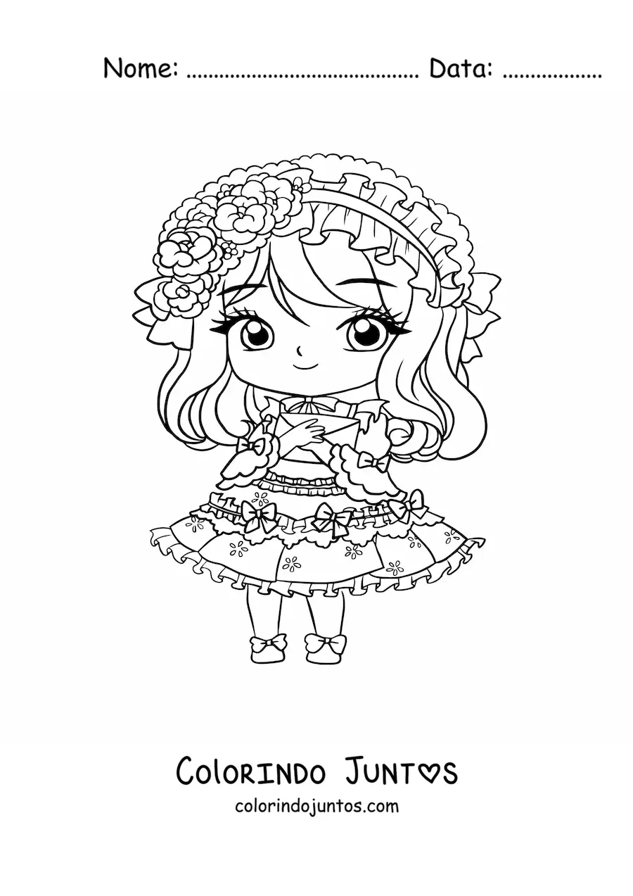 Desenho para colorir de menina anime chibi com um vestido e uma carta