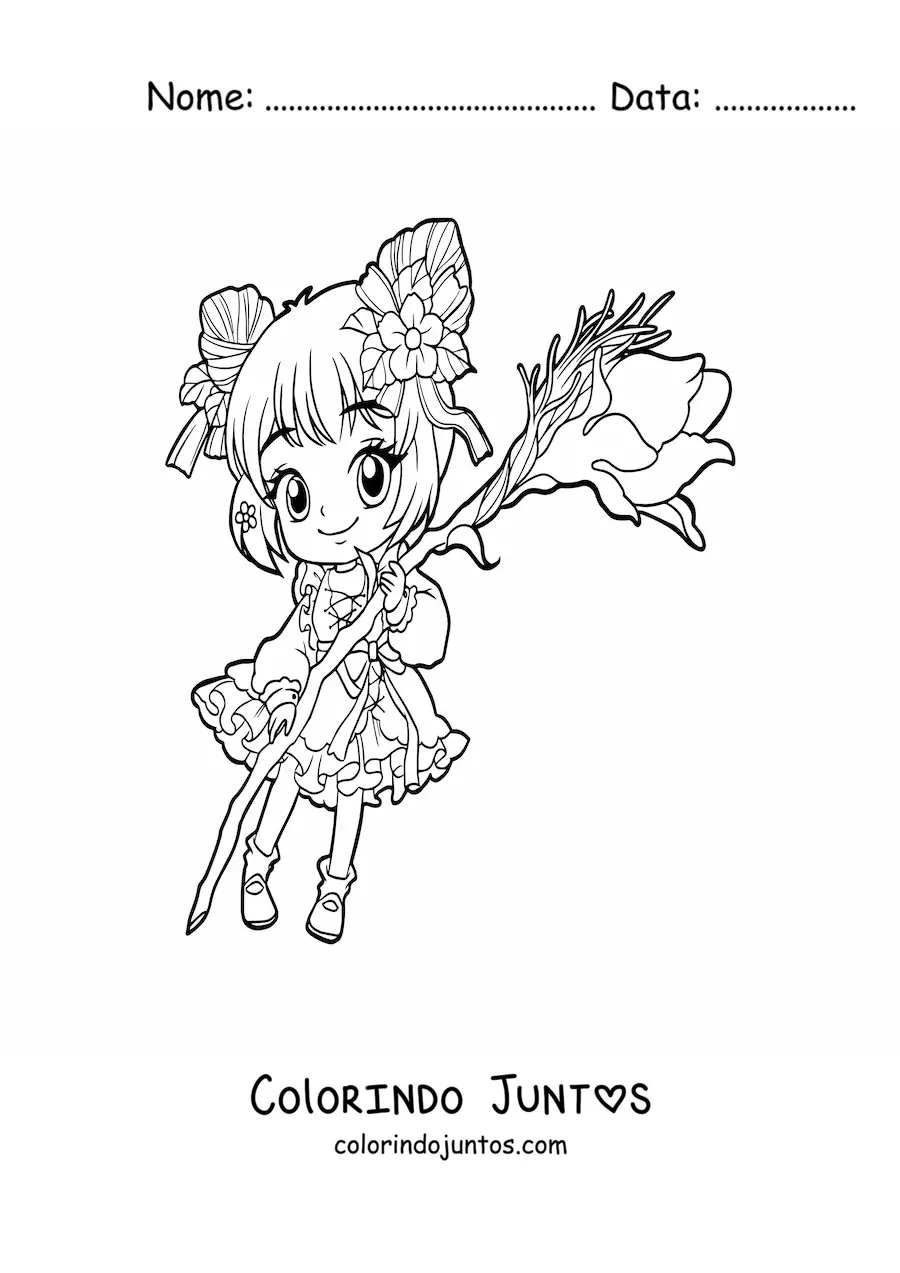 Desenho para colorir de menininha anime chibi com uma rosa