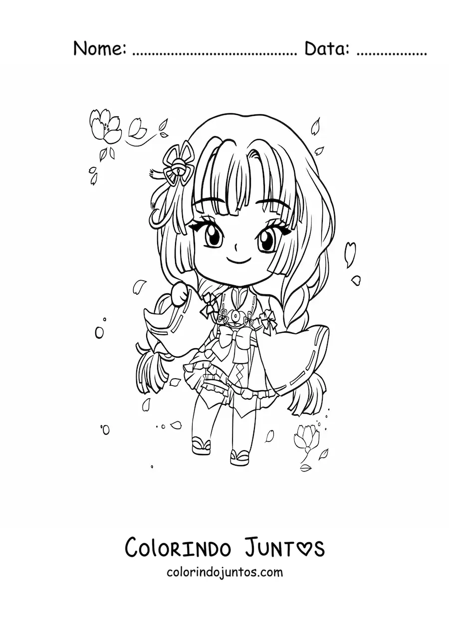 Desenho para colorir de menina anime chibi com vestido japonês