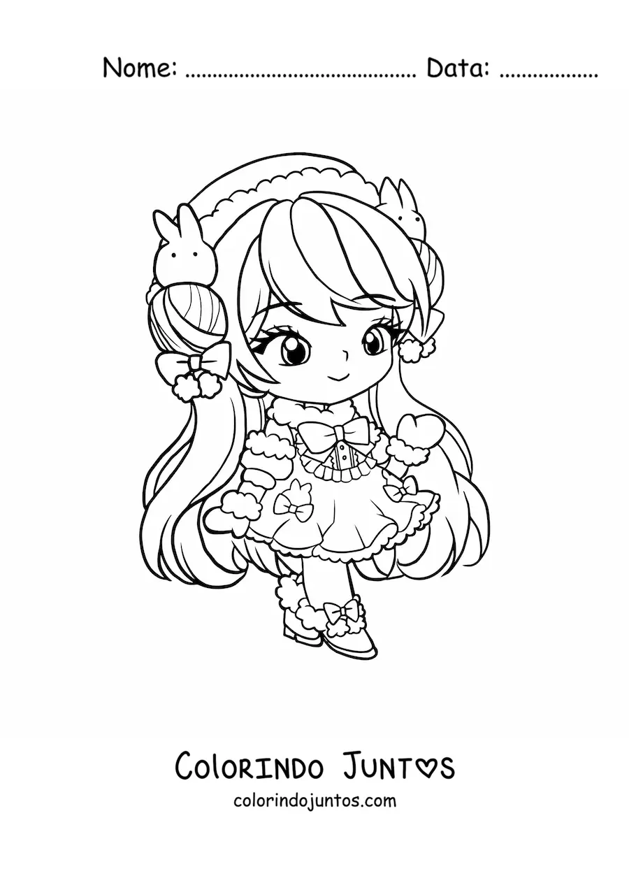 Desenho para colorir de menina anime chibi com vestido fofo