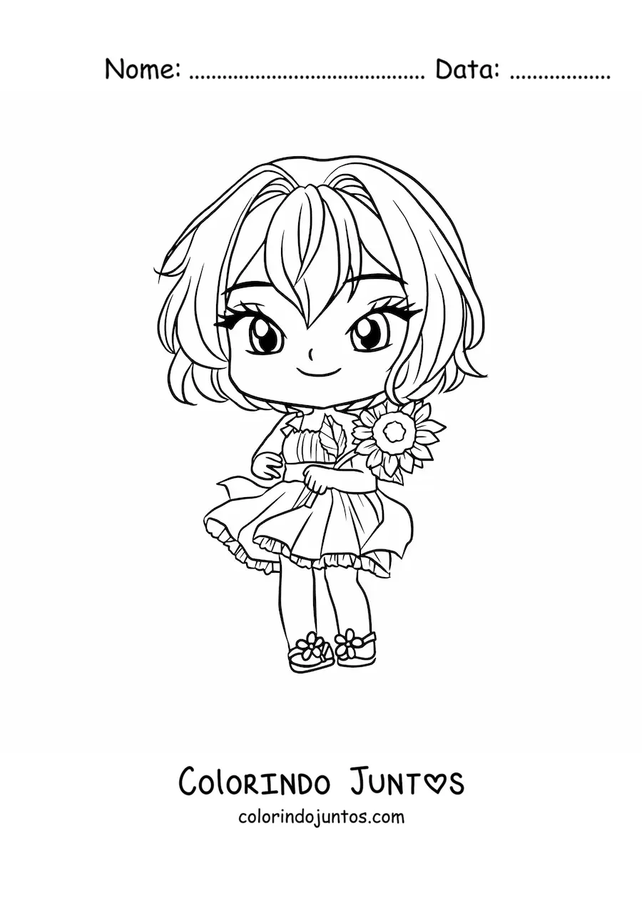 Desenho para colorir de menina anime chibi com vestido fofo e uma flor na mão