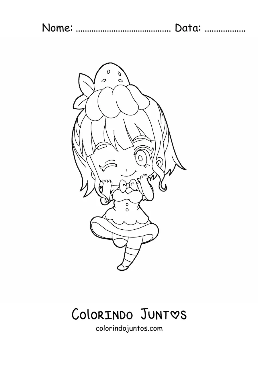 Desenho para colorir de menina chibi com vestido de sobremesa de morango