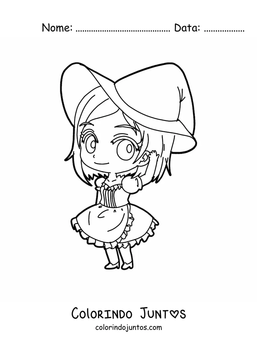 Desenho para colorir de menina chibi com vestido de bruxa