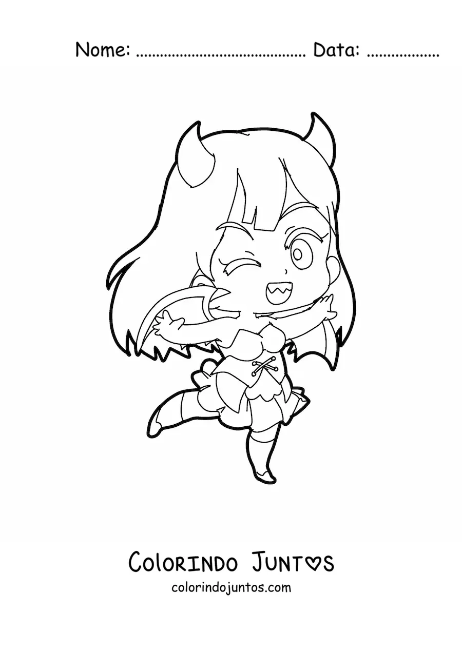 Desenho para colorir de menina chibi com fantasia de demônio de Halloween