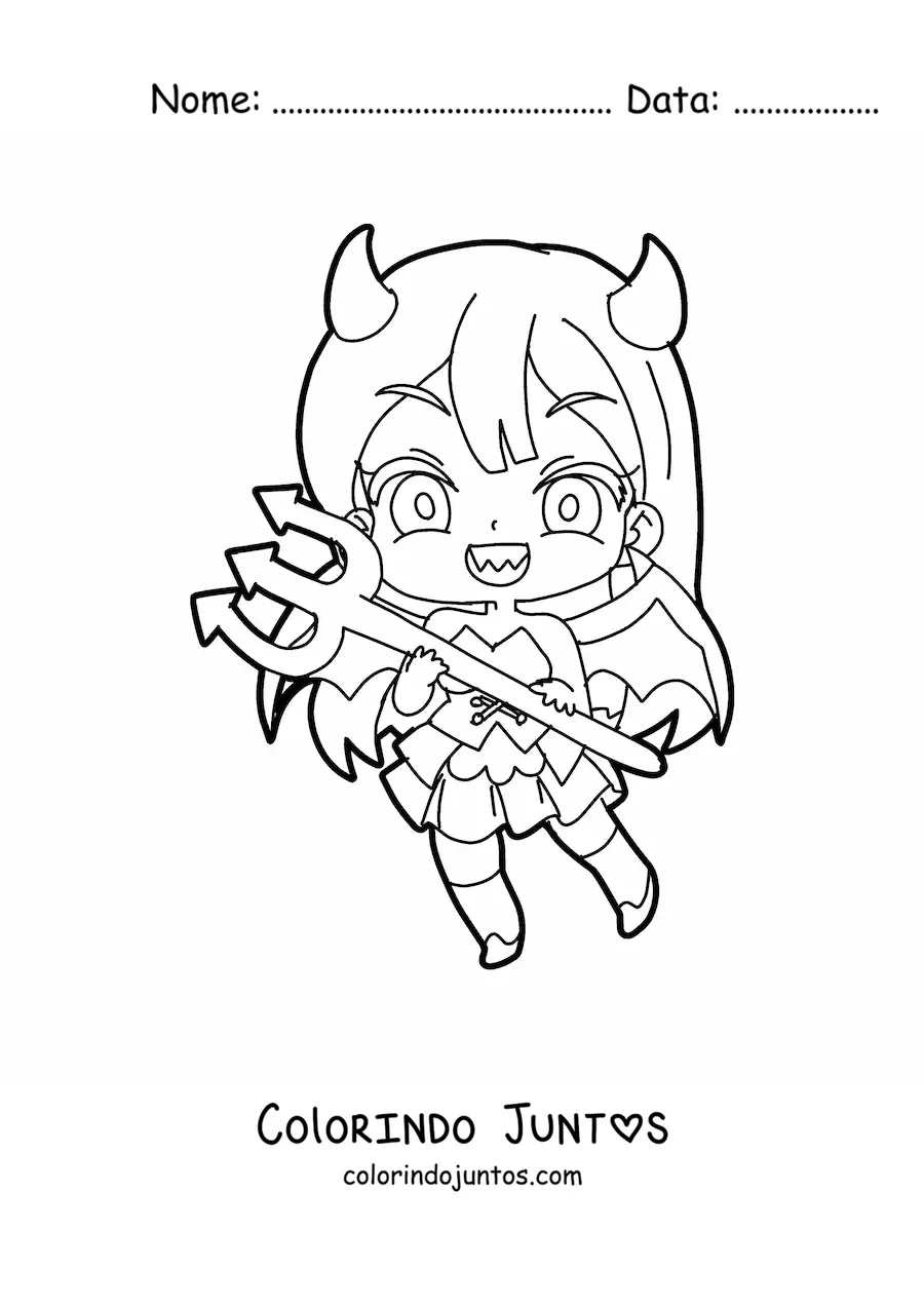 Desenho para colorir de menina chibi com fantasia de diabo e um tridente