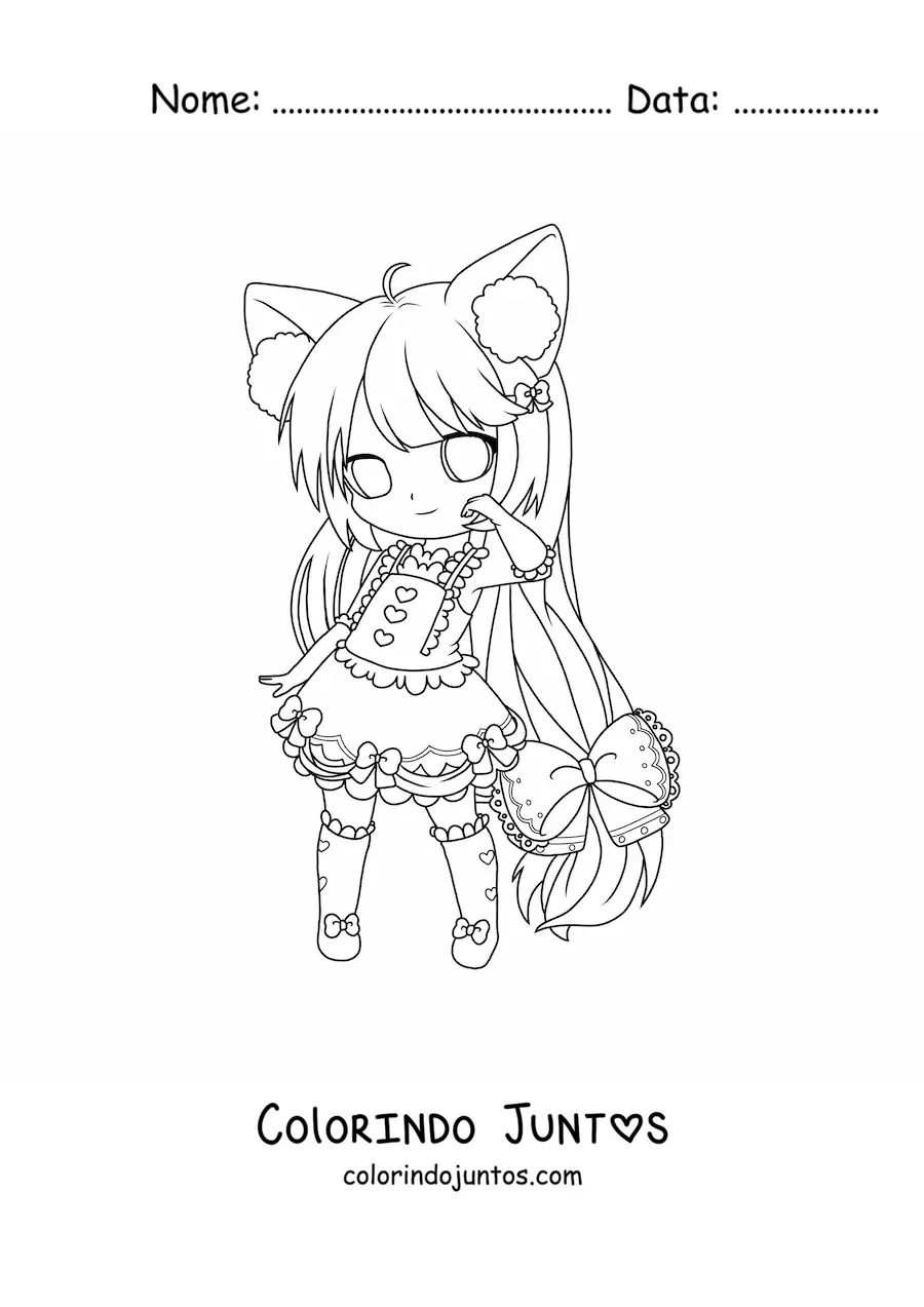 Desenho para colorir de menina chibi com orelhas de neko