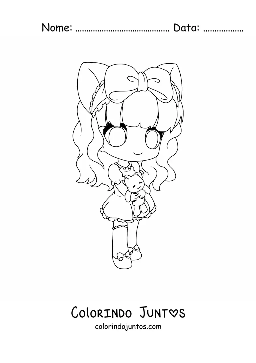 Desenho para colorir de menina chibi com orelhas de neko e uma pelúcia de urso