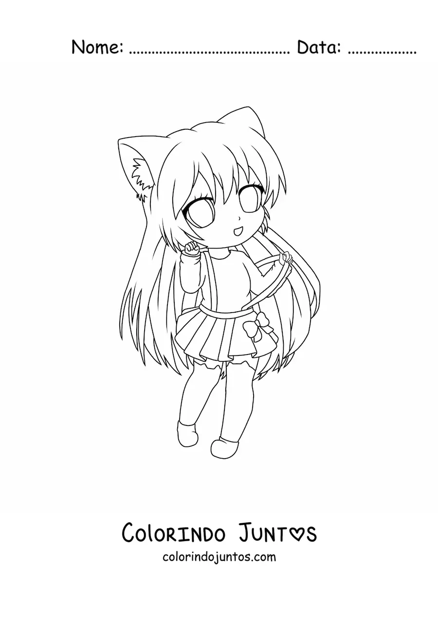 Desenho para colorir de menina chibi com orelhas de neko e uma saia
