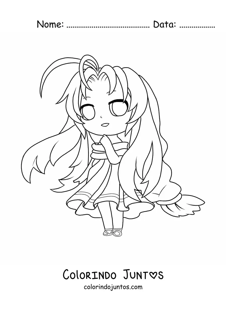 Desenho para colorir de menina chibi com vestido longo