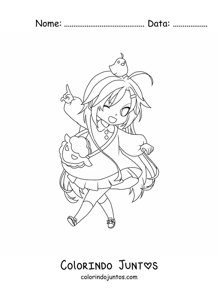 Desenho para colorir de menina chibi com lindo vestido e um pintinho