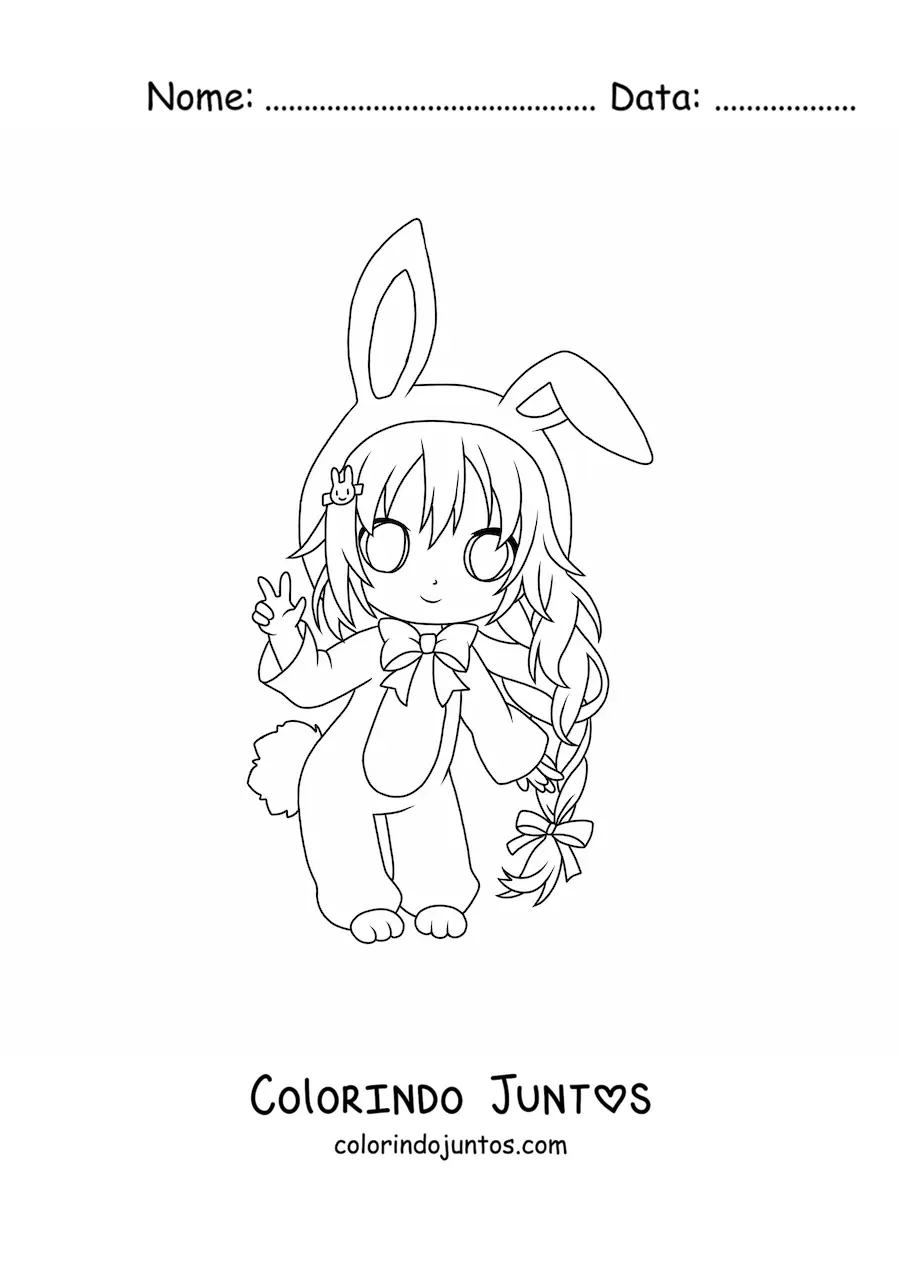 Desenho para colorir de menina chibi com fantasia de coelho da Páscoa
