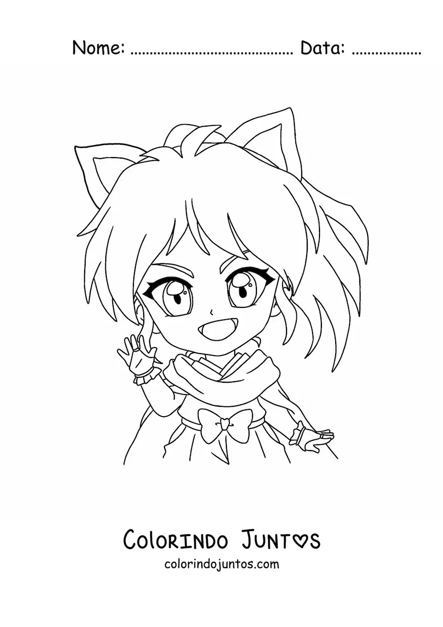 Desenho para colorir de menina chibi com orelhas de gato e olhos grandes