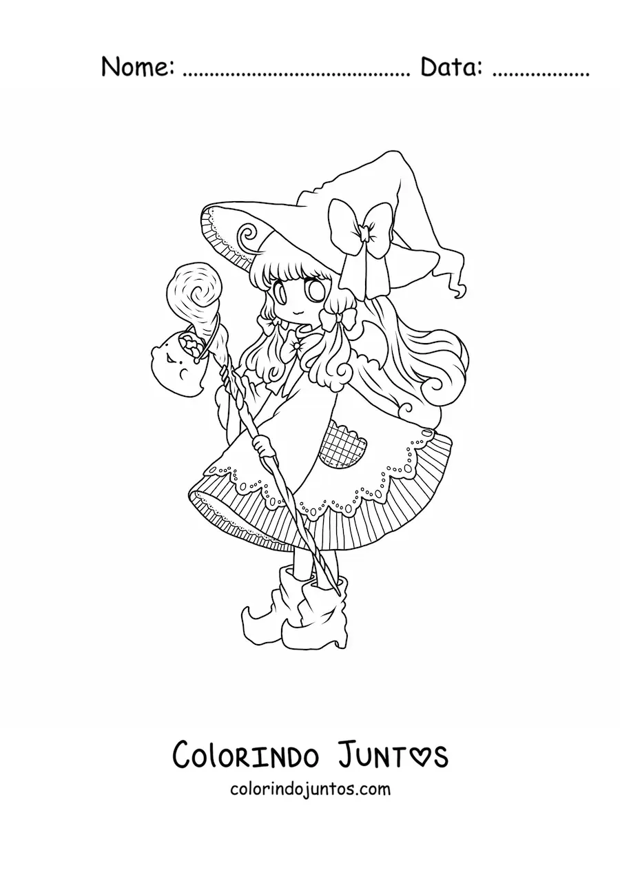 Desenho para colorir de menina chibi com fantasia de bruxa no Halloween