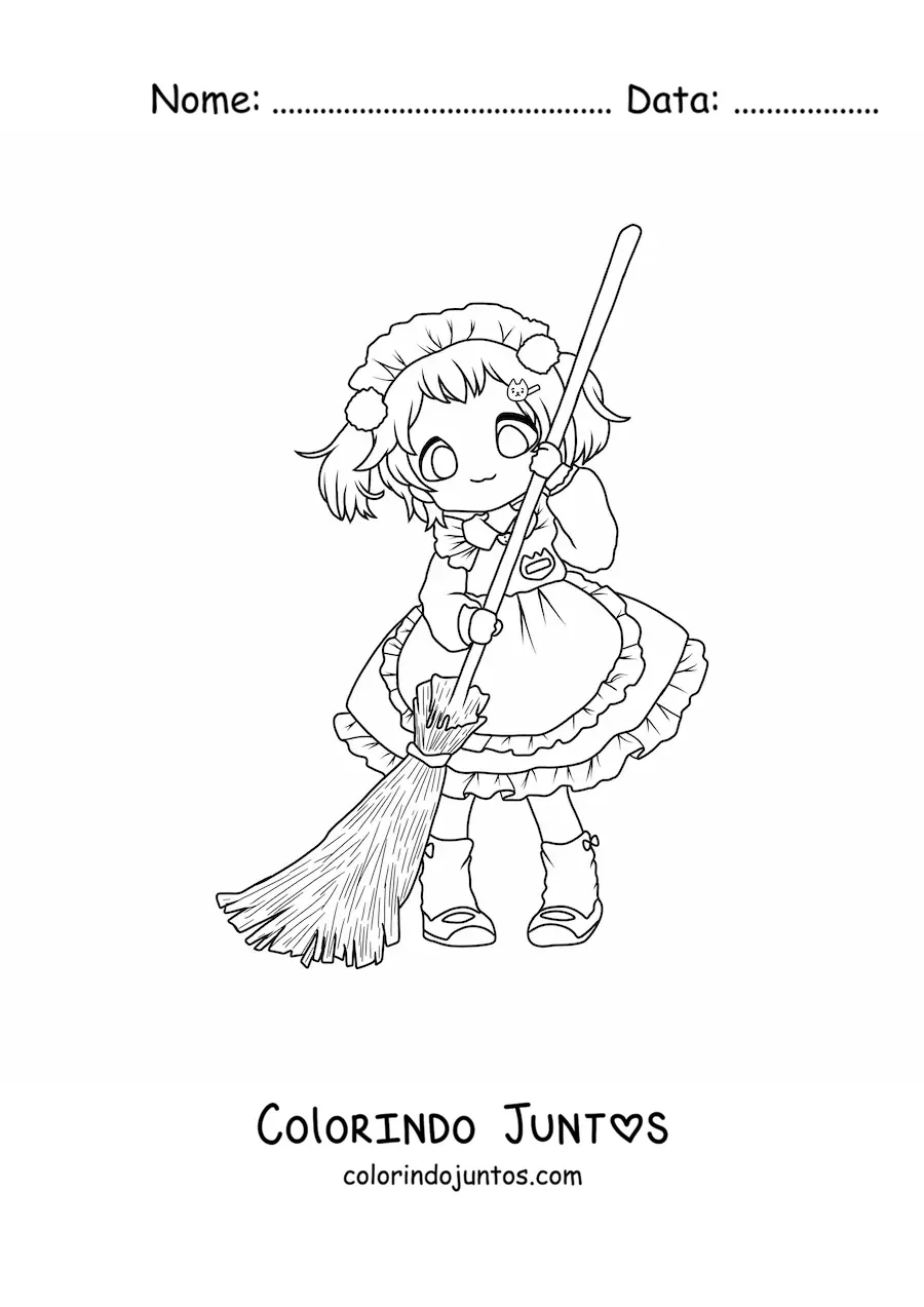 Desenho para colorir de menina chibi varrendo