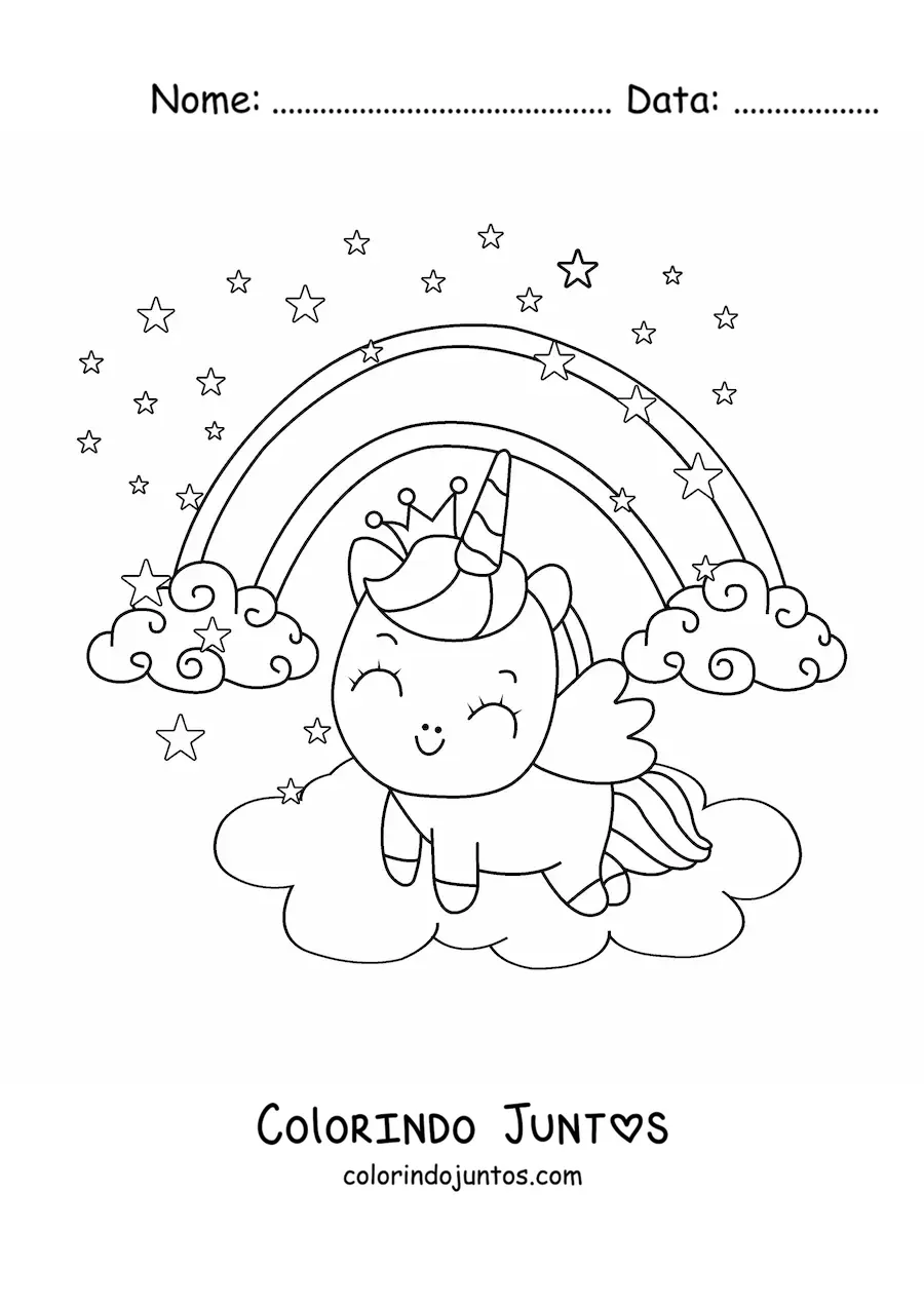 Desenho para colorir de unicórnio kawaii animado com arco-íris