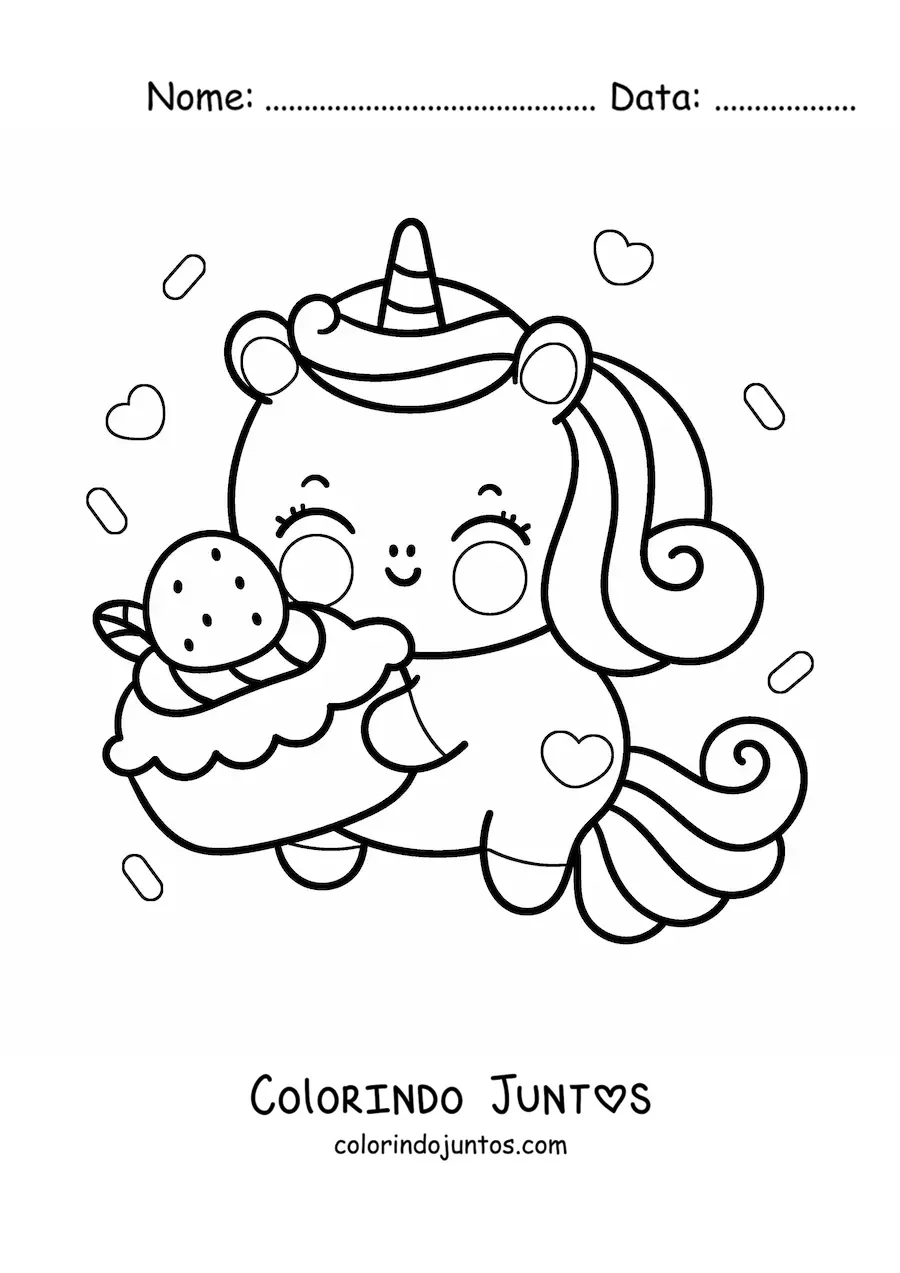 Desenho para colorir de unicórnio kawaii animado com bolo de morango