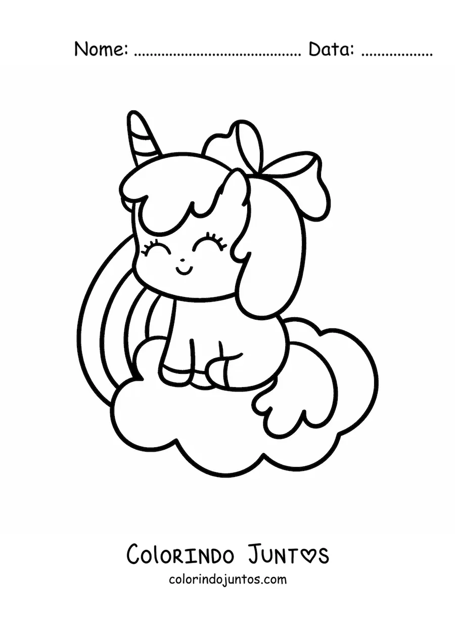 Desenho para colorir de unicórnio kawaii animado sentado em uma nuvem com arco-íris