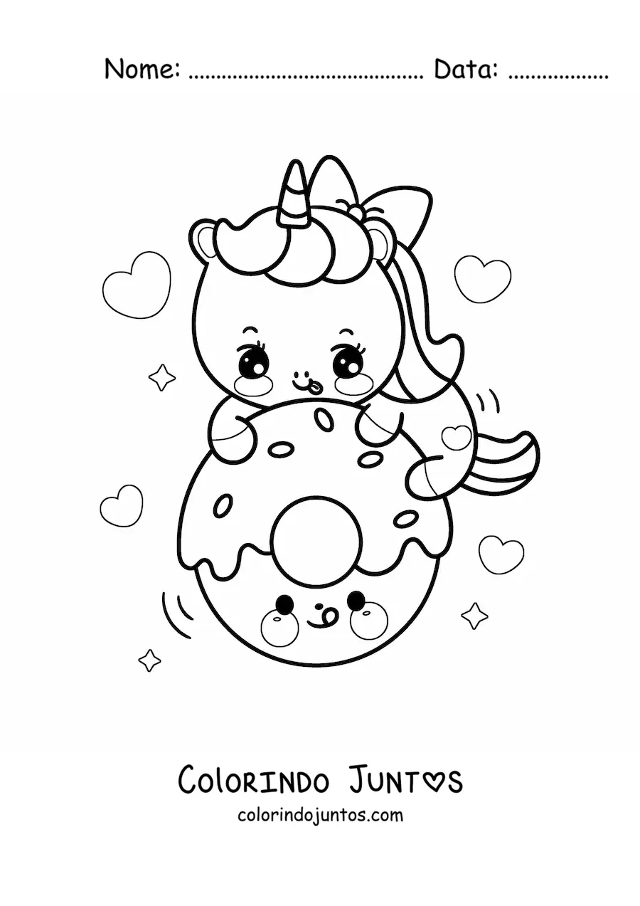 Desenho para colorir de unicórnio kawaii com rosquinha animada