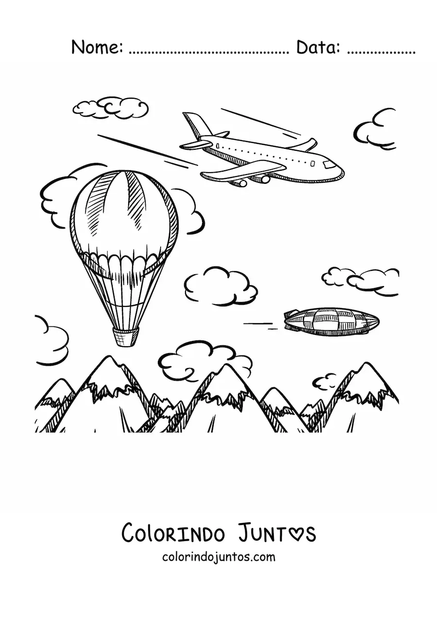 Desenho para colorir de um avião voando com um balão de ar quente e montanhas ao fundo