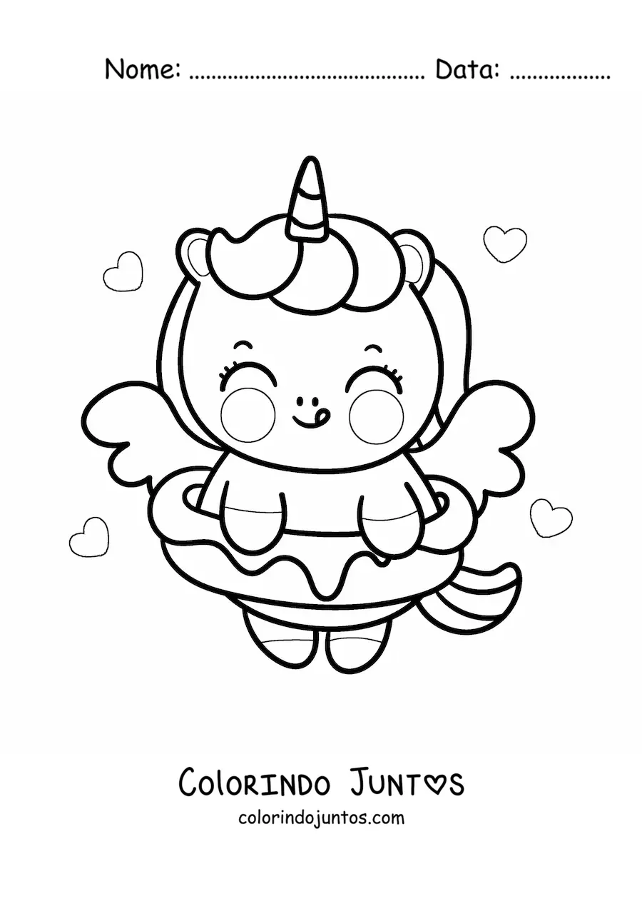 Desenho para colorir de unicórnio kawaii animado com uma rosquinha