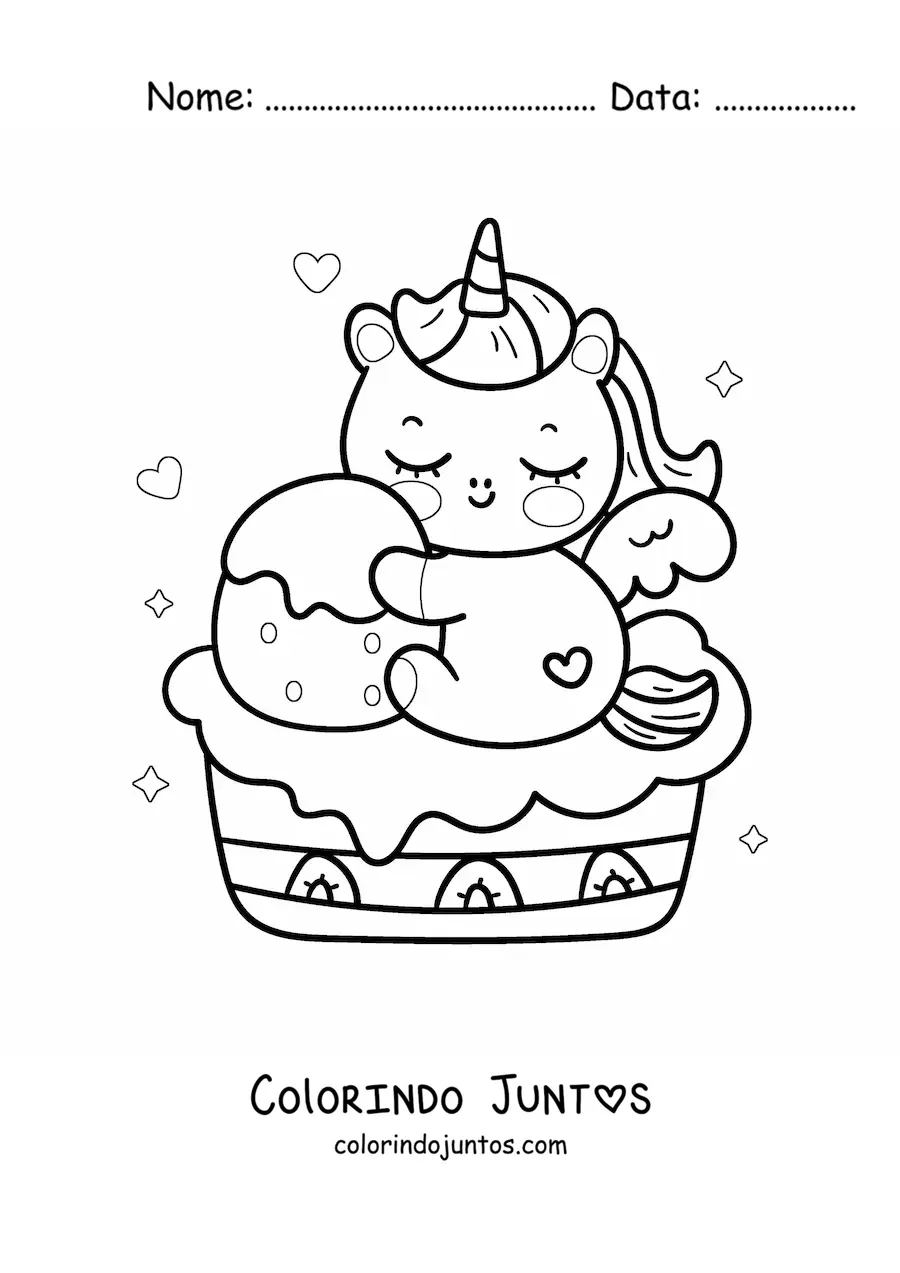 Desenho para colorir de unicórnio kawaii animado sentado em um bolo de morango