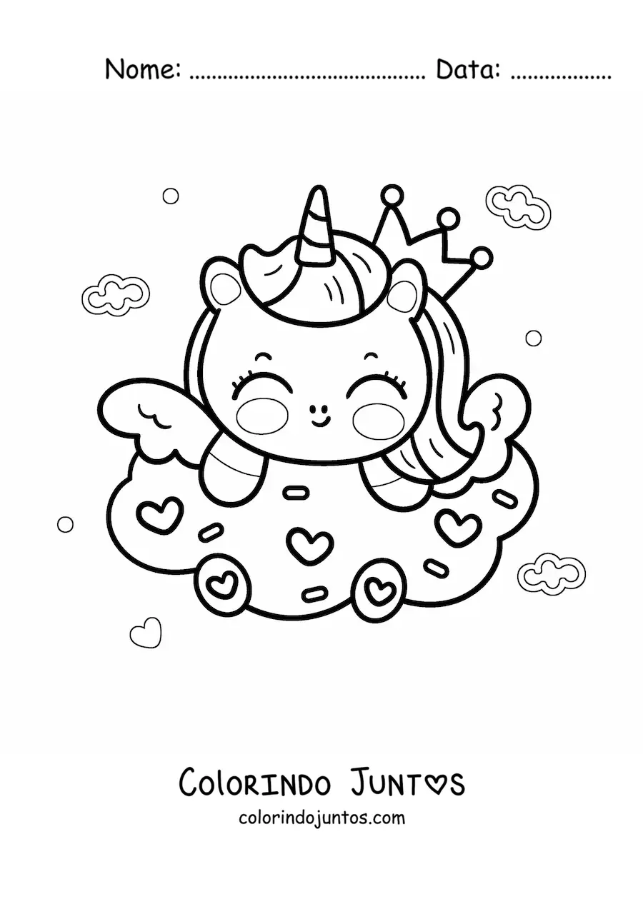 Desenho para colorir de unicórnio kawaii animado com um biscoito