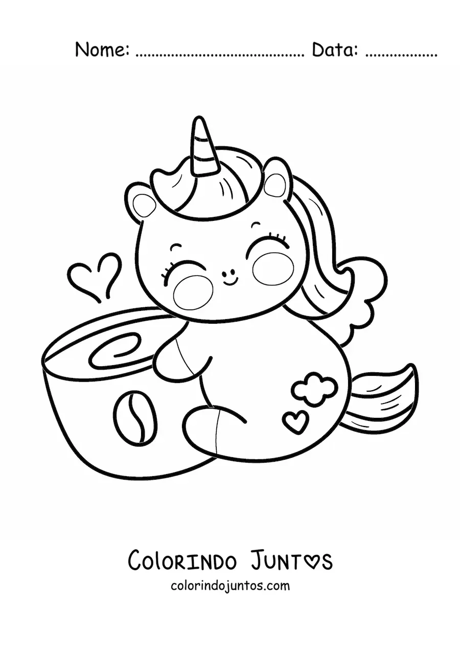 Desenho para colorir de unicórnio kawaii animado com uma xícara de café