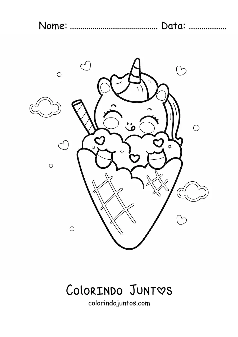 Desenho para colorir de unicórnio kawaii animado com uma casquinha de sorvete