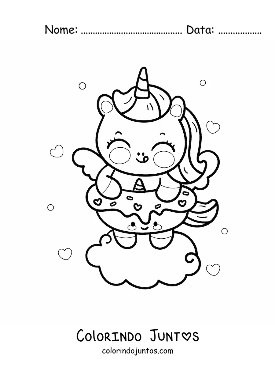 Desenho para colorir de unicórnio kawaii com rosquinha de unicórnio