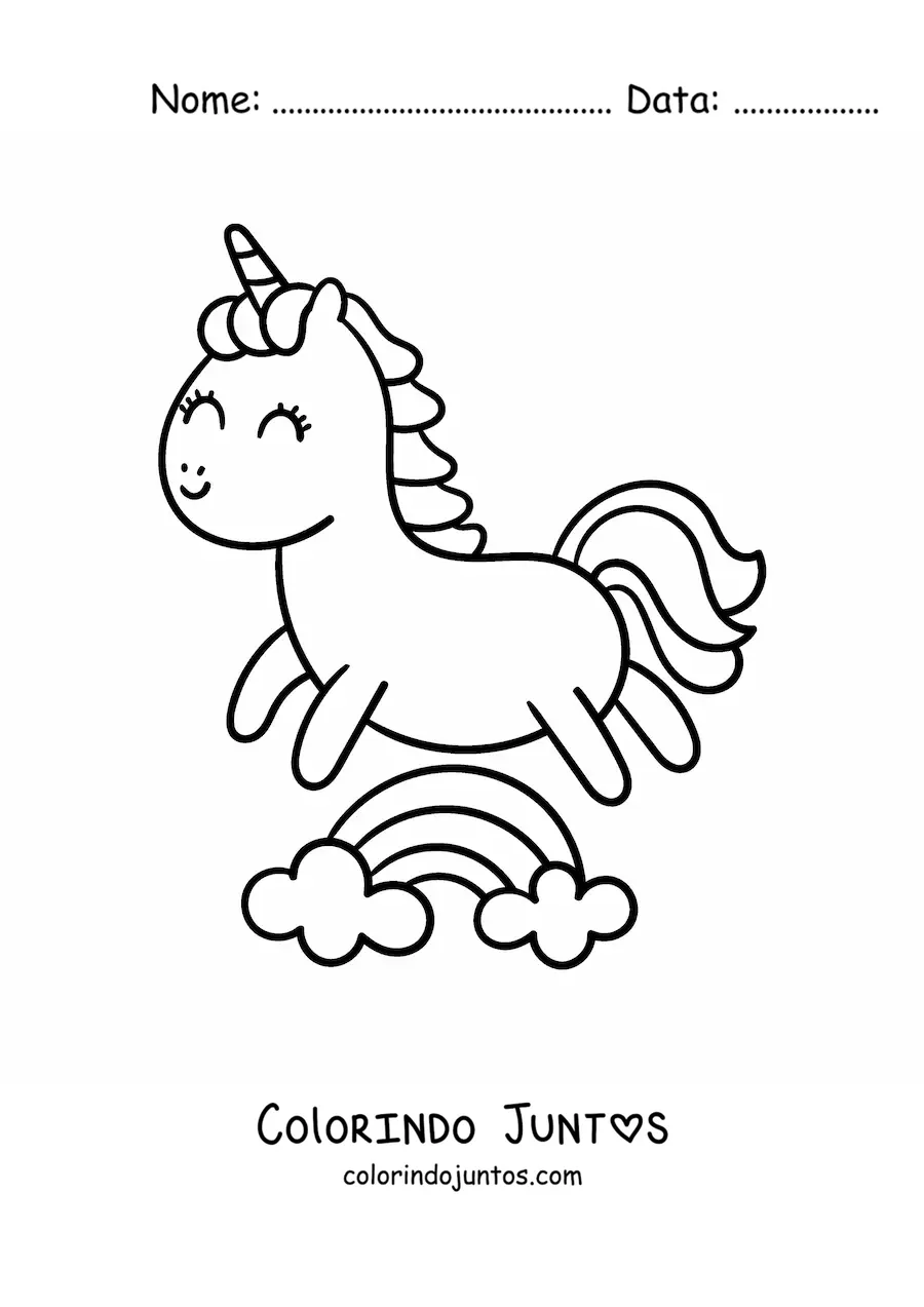 Desenho para colorir de unicórnio kawaii animado pulando sobre um arco-íris