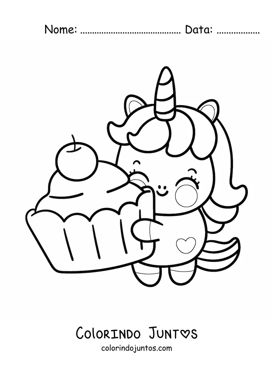 Desenho para colorir de unicórnio kawaii animado com cupcake gigante