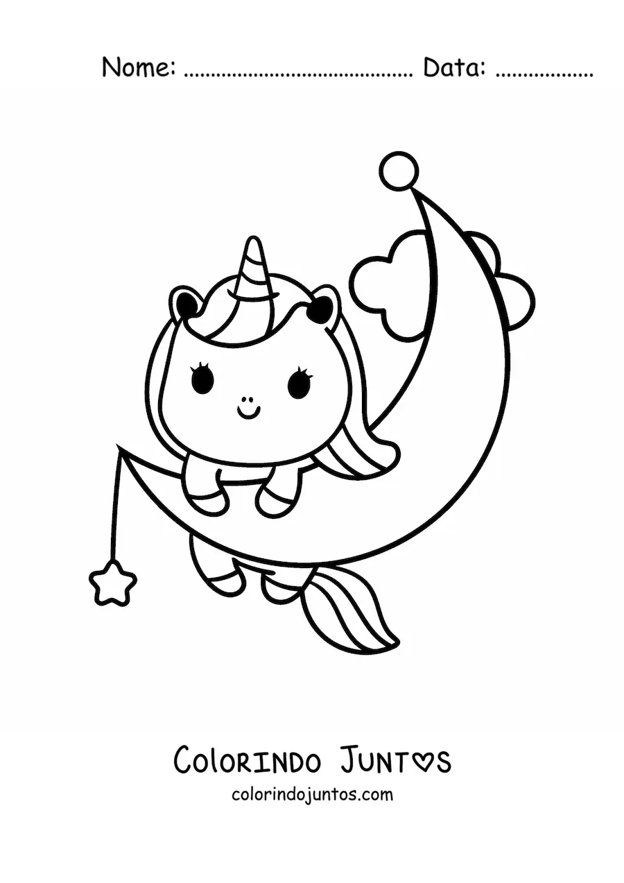 Desenho para colorir de unicórnio kawaii animado na lua