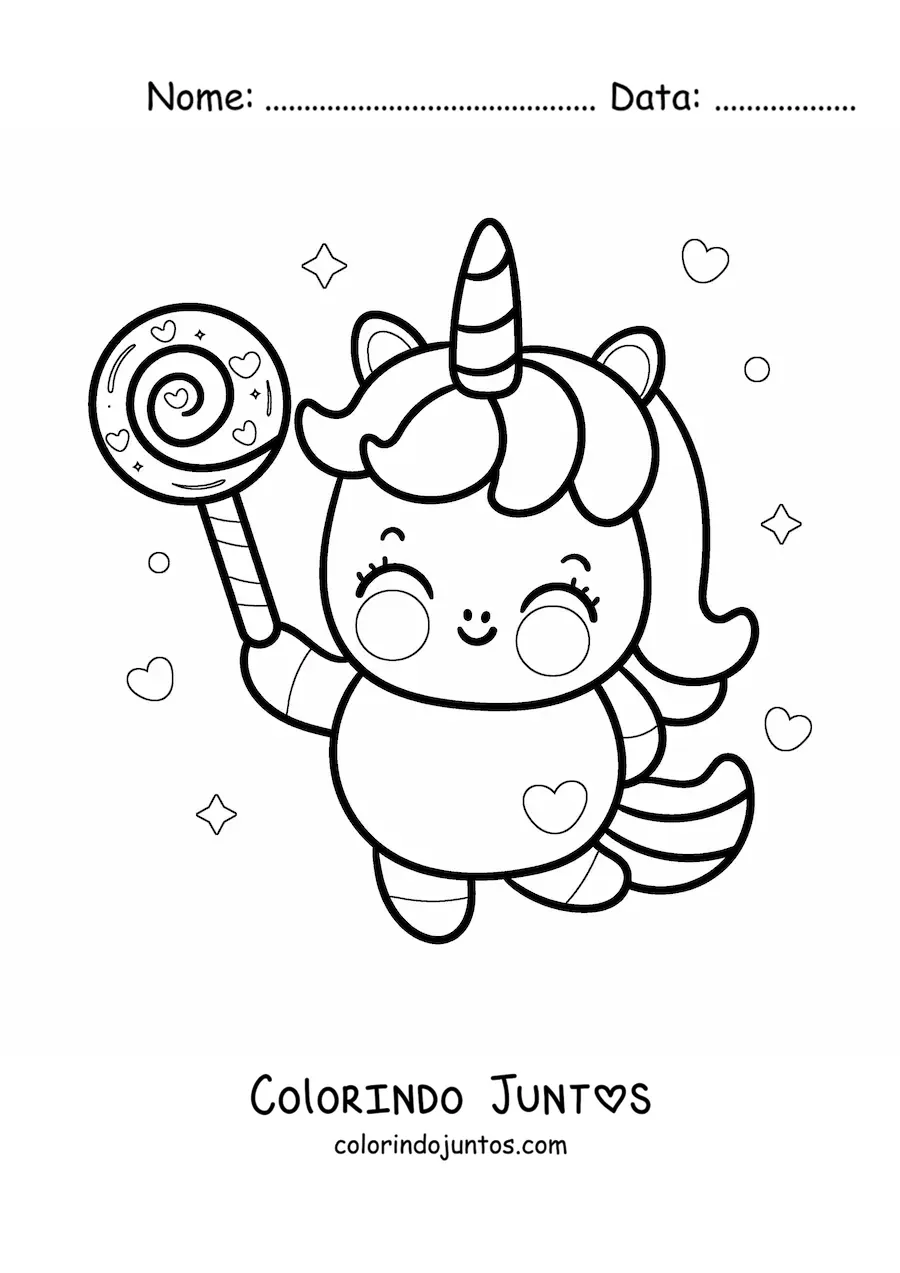 Desenho para colorir de unicórnio kawaii animado com um pirulito