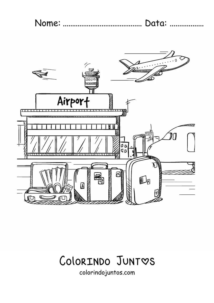 Desenho para colorir de um aeroporto com malas e um avião voando