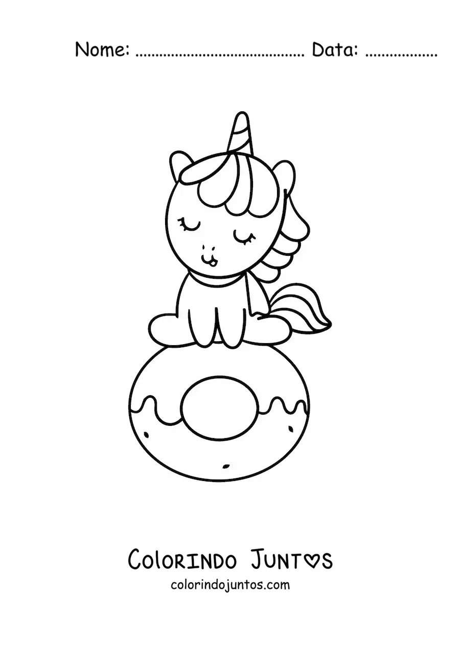 Desenho para colorir de unicórnio kawaii animado sentado em uma rosquinha